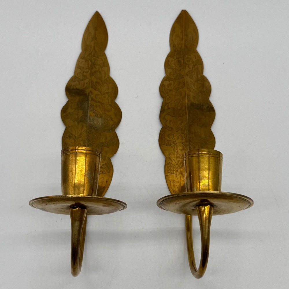 Vintage Brass Leaf Wall Sconces Pair Etched Floral Candle Holder Mcm India Set